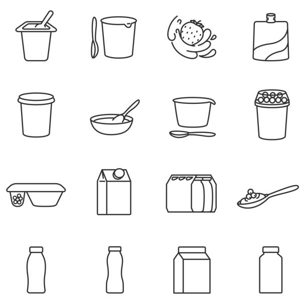 Yogurt icons set. Editable stroke. Yogurt. Different types of packages. Assortment of yogurts. Lines with editable stroke. Icons for a website yoghurt stock illustrations