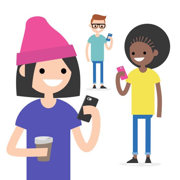 illustrations, cliparts, dessins animés et icônes de concept de messenger mobile. médias sociaux. un groupe de jeunes gens avec les smartphones / plat modifiable vector illustration, images clipart - génération du millénaire