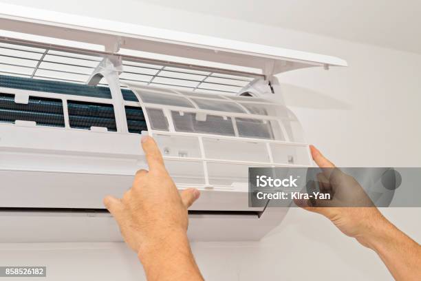 Air Conditioning On A White Wall Stock Photo - Download Image Now - Wind, Quality, Indoors