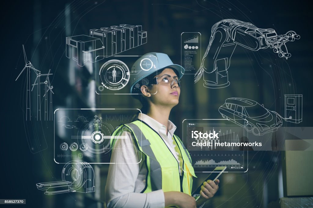 woman engineer and various business information. Engineer Stock Photo