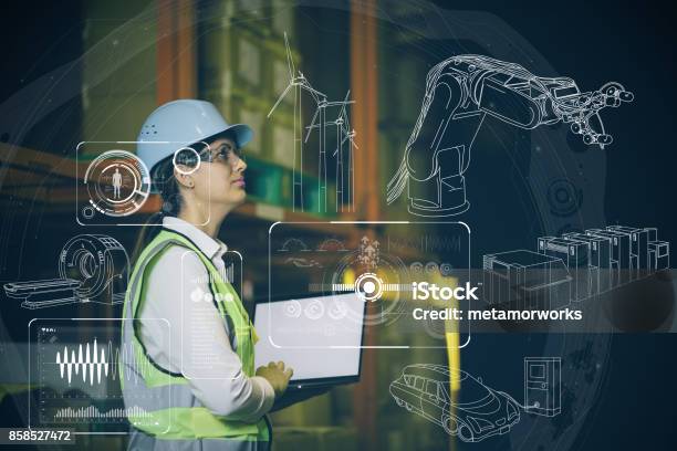 Woman Engineer And Various Business Information Stock Photo - Download Image Now - Production Line, Computer-Aided Manufacturing, Factory