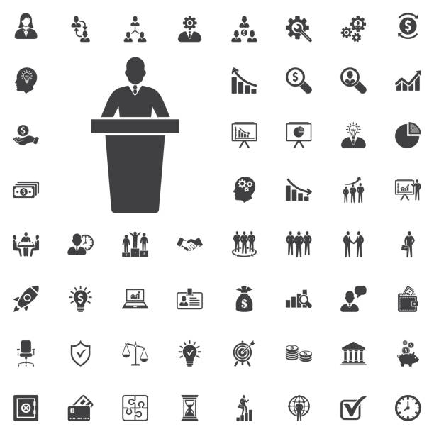 speaker black icon. orator speaking from tribune vector illustra speaker black icon. orator speaking from tribune vector illustration on white background. Business set of icons strategy symbols stock illustrations