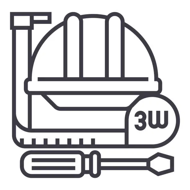Vector illustration of construction tools,meter, hard hat, hammer, screwdriver vector line icon, sign, illustration on background, editable strokes
