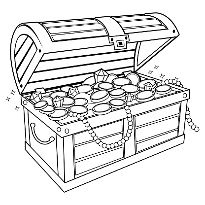 A wooden chest filled with gold treasure. Vector black and white coloring book page