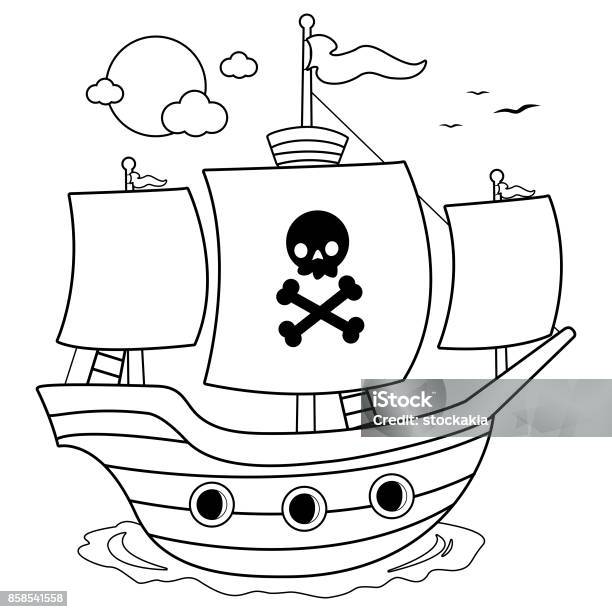 Pirate Ship Black And White Coloring Book Page Stock Illustration - Download Image Now - Coloring Book Page - Illlustration Technique, Black And White, Pirate - Criminal