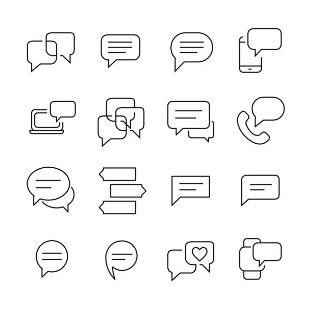 zestaw 16 ikon cienkich linii wiadomości. - gossip speech speech bubble text messaging stock illustrations