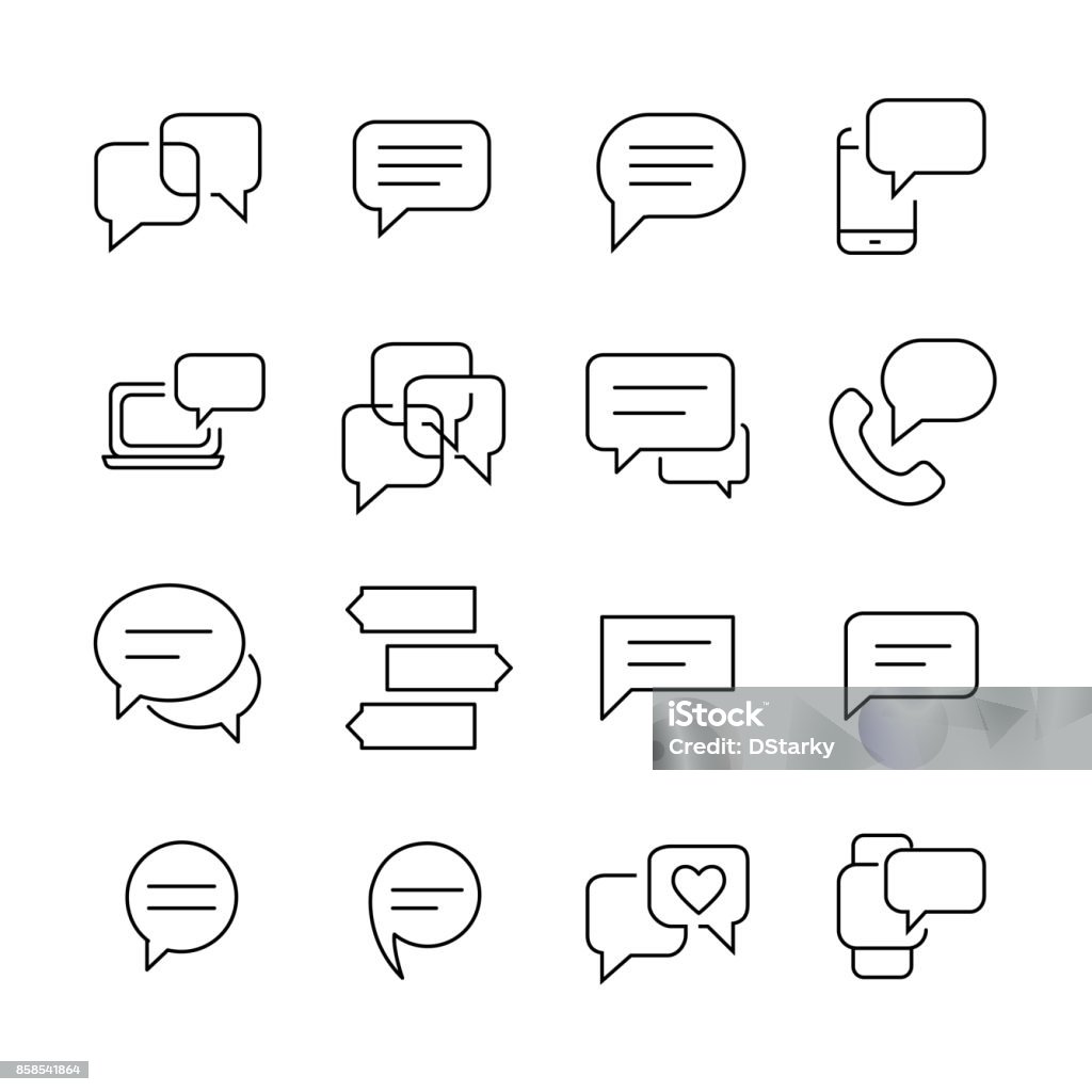 Set of 16 message thin line icons. Set of 16 message thin line icons. High quality pictograms of babble. Modern outline style icons collection. Chat, SMS, communication, contact, etc. Editable stroke. 48x48 Pixel Perfect. Icon Symbol stock vector
