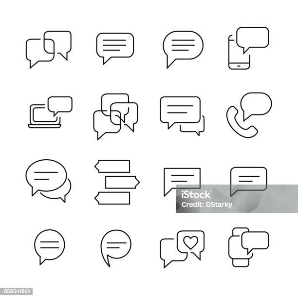 Set Of 16 Message Thin Line Icons Stock Illustration - Download Image Now - Icon Symbol, Discussion, In A Row