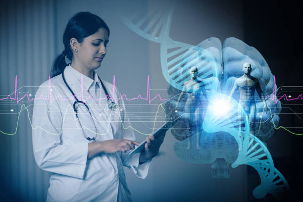 istock hispanic woman doctor and genetic engineering abstract. Internet of Things. 3D rendering. 858544742