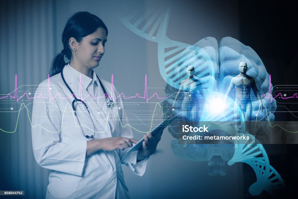 hispanic woman doctor and genetic engineering abstract. Internet of Things. 3D rendering. Doctor Stock Photo