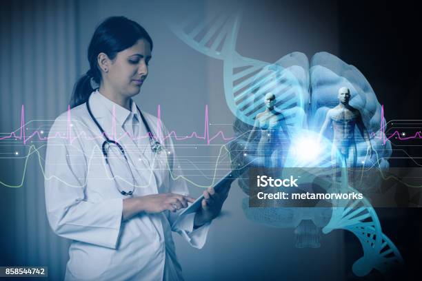 Hispanic Woman Doctor And Genetic Engineering Abstract Internet Of Things 3d Rendering Stock Photo - Download Image Now