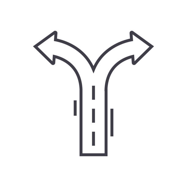 ilustrações, clipart, desenhos animados e ícones de setas de encruzilhada vector ícone de linha, sinal, ilustração em fundo, traços editáveis - opportunity road sign highway