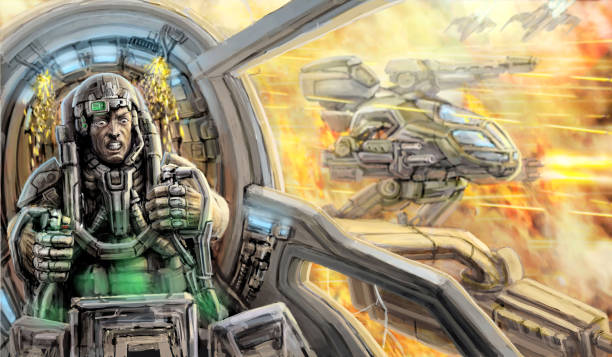 istock Warrior in a spacesuit inside the cockpit of a war vehicle. Sci-fi 858545826