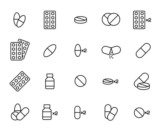 illustrations, cliparts, dessins animés et icônes de ensemble de prime d’icônes de ligne pilules. - syringe silhouette computer icon icon set