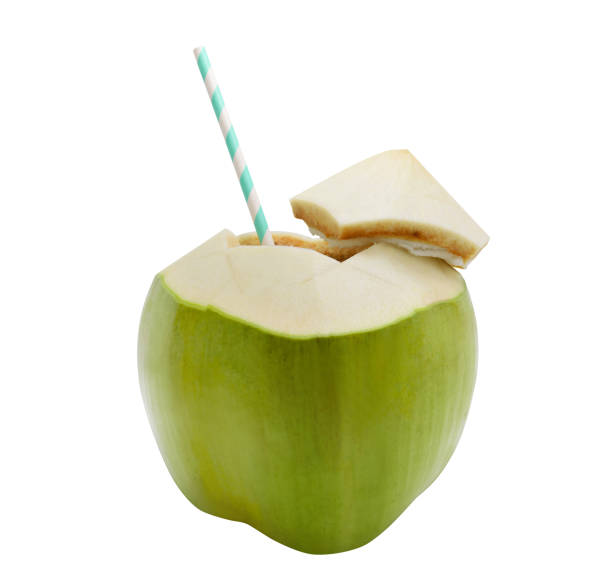 istock Coconut water with straw on white isolated background with clipping path. 858550326