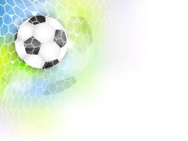 Vector illustration of Soccer vector banner with football ball, net, glitter and space for your content.