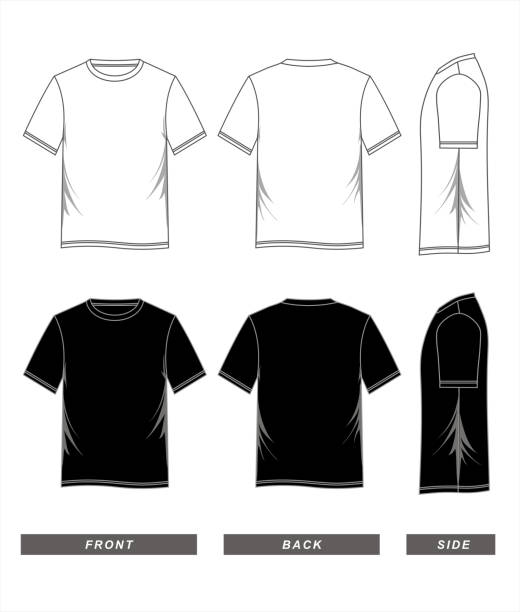 t-shirt template black white t-shirt template blank black white, front, back side, vector image screen printing stock illustrations