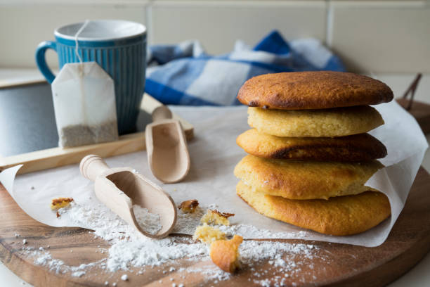 homemade typical Dutch food from the oven, called eierkoek , with blue mug