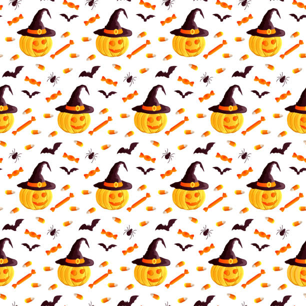 ilustrações, clipart, desenhos animados e ícones de padrão sem emenda festivo. personagens de halloween jack o lanterna, chapéu de bruxa, morcego, aranha, doces de milho. ilustração em vetor em um fundo branco. utilizável para design, embalagem, papel de parede, têxteis - spider web halloween corn pumpkin