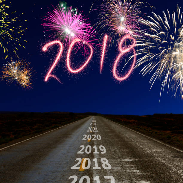 istock Fireworks over road towards New year 2018 858557628