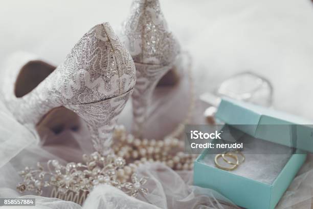 Wedding Shoes And Bridal Accessories Stock Photo - Download Image Now - Wedding, Personal Accessory, Wedding Dress