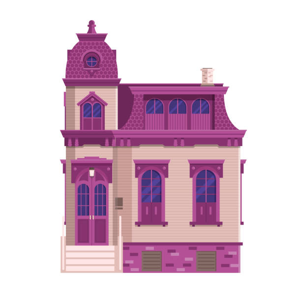 Old Victorian Mansion Building Old mansion building isolated on white background. Classic victorian house or colonial style home with front porch. English manor vector illustration in flat design. victorian house stock illustrations