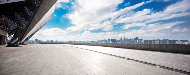 istock empty marble floor with cityscape of modern city 858568854