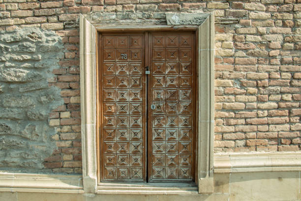Paris, France: Maroon Wood Door With Gold Knob Close-Up