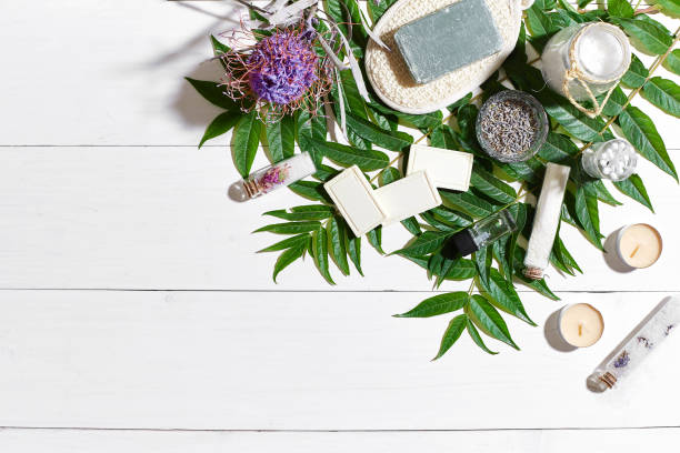 istock Composition of spa treatment on white wooden table with space for text. Top view 858576104