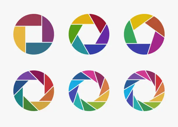 Vector illustration of Set of colorful camera lens aperture icons.