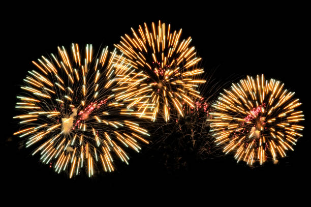 istock Golden salutes fireworks display on dark sky background 858586834