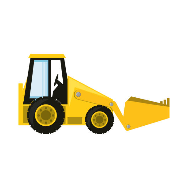 ilustraciones, imágenes clip art, dibujos animados e iconos de stock de ilustración de vector skid steer loader - earth mover bulldozer construction equipment digging