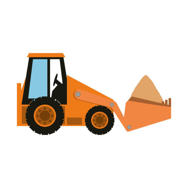 ilustraciones, imágenes clip art, dibujos animados e iconos de stock de ilustración de vector skid steer loader - earth mover bulldozer construction equipment digging