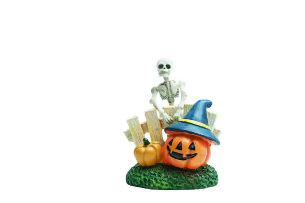 Photo of Halloween concept : Plastic human skeleton model  and ceramic pumpkins isolated on white background