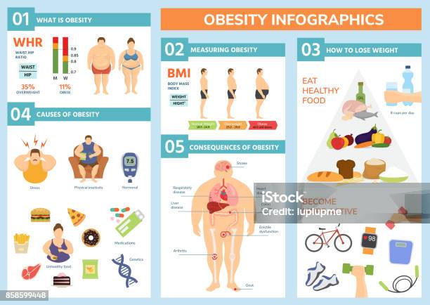 Obesity Weight Loss And Fat People Health Problems Infographic Healthy Elements Exercise For Good Health With Food Vector Illustration Stock Illustration - Download Image Now