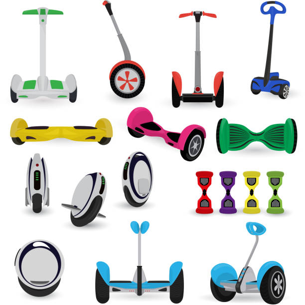 Segway monowheel solo wheel hoverboard gyroscooter set electro eco transport vector illustration Segway monowheel solo wheel hoverboard gyroscooter electro eco monocycle city transport vector illustration. Balance electric ride electrical gyroboard. standing on one leg not exercising stock illustrations