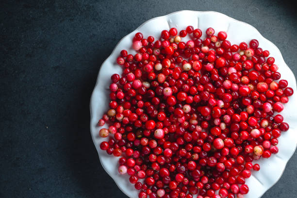 istock Red cranberries on a large white plate on a gray background 858602880