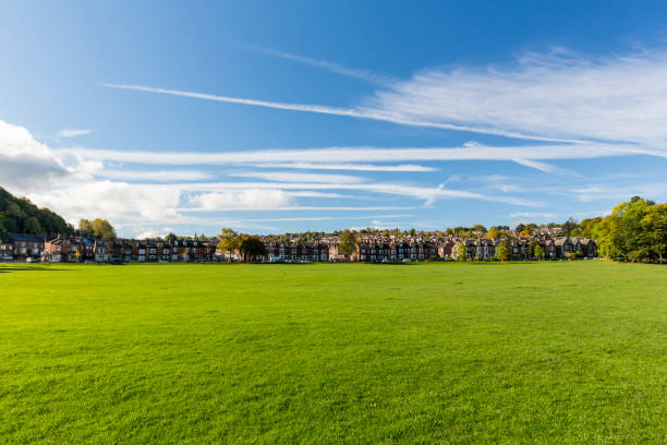 istock Terraced houses on green grasses under blue sky with white cloud 858604256
