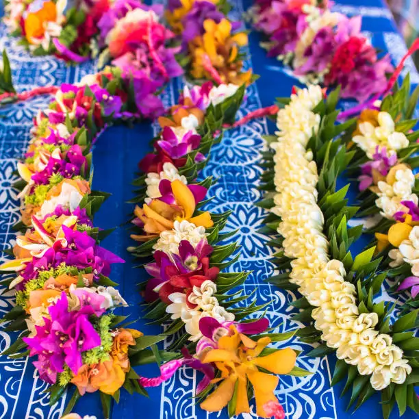 Garlands of fresh flowers in French Polynesia, traditional flowers crowns