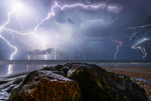 Long exposure photo stack of an electrical storm that occurred on Bognor Regis seafront during the month of July 2017 and spread across most of West Sussex and the South Coast of England.