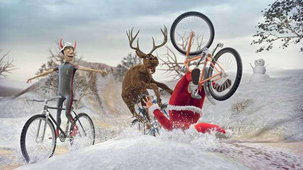 Funny Santa Claus On Bicycle With His Friends Have An Accident At Xmas  Stock Photo - Download Image Now - iStock