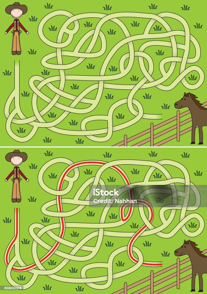 Cowboy maze Cowboy maze for kids with a solution Cartoon stock vector