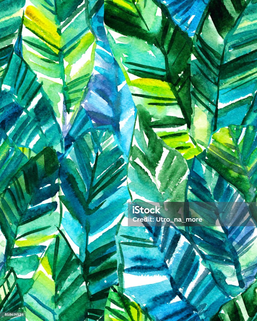 Naadloze aquarel banaan palm blad patroon. Heldere tropische achtergrond. - Royalty-free Aquarel Stockillustraties