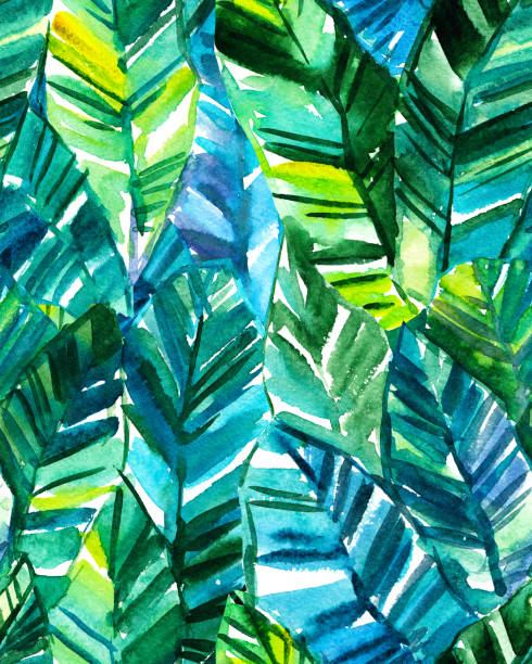 stockillustraties, clipart, cartoons en iconen met naadloze aquarel banaan palm blad patroon. heldere tropische achtergrond. - watercolour jungle