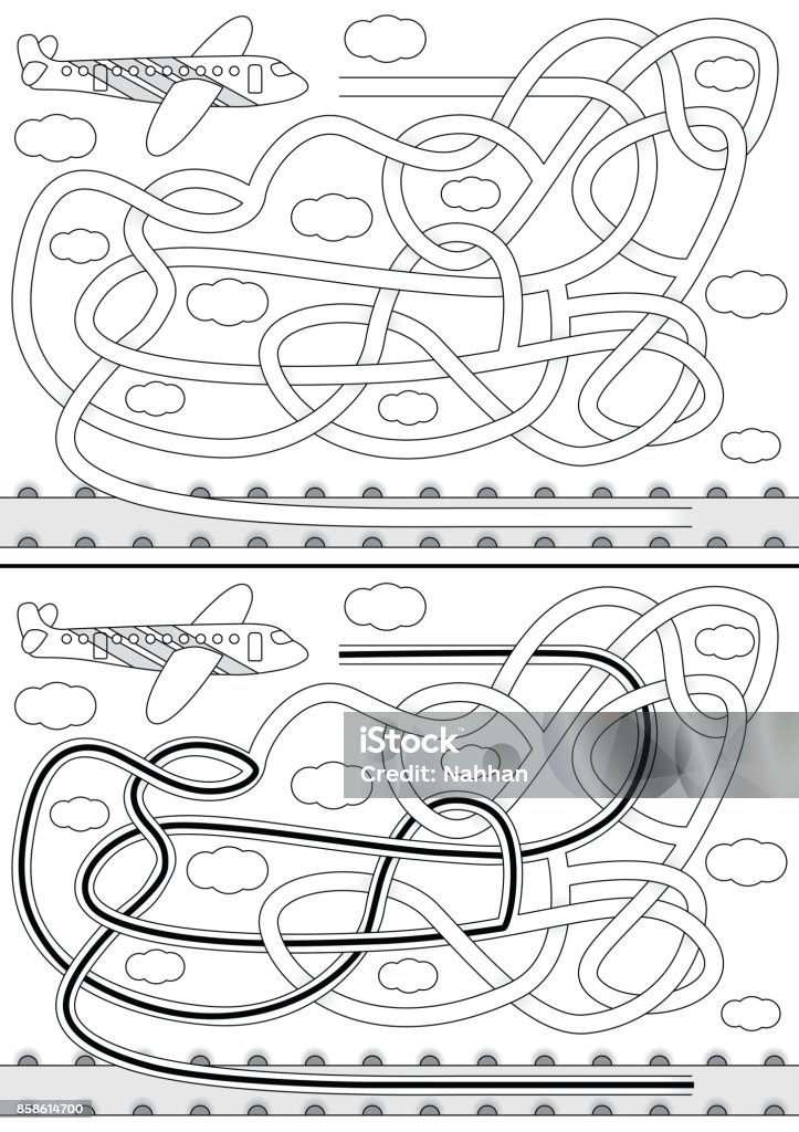 Airplane maze Airplane maze for kids with a solution in black and white Airplane stock vector