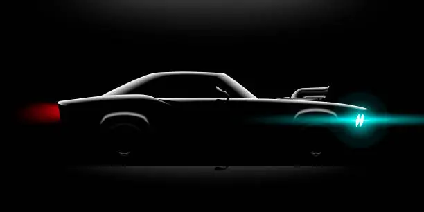 Vector illustration of realistic classic car coupe with a supercharger side view lighting in the dark