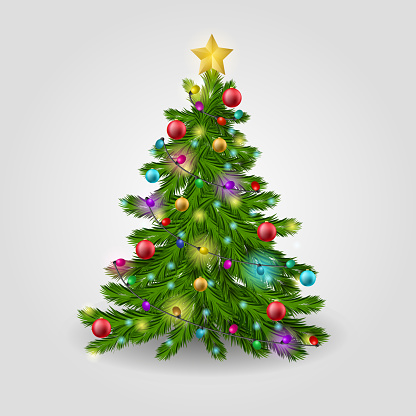 The Christmas tree is decorated with colorful balls, a garland lights and a golden star. Vector illustration.