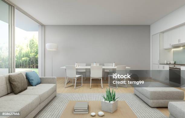 Garden View Kitchen Dining And Living Room At Luxury House In Modern Design Vacation Home For Big Family Stock Photo - Download Image Now