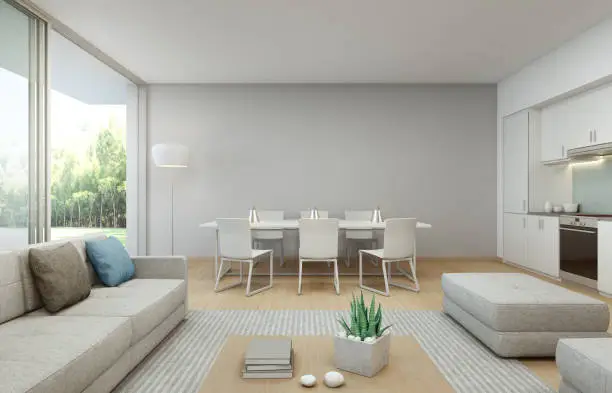 3d rendering of interior with table, sofa and cabinet