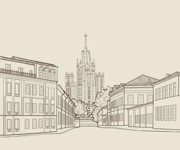 Vector illustration of Moscow city street famous building. Travel Russia background